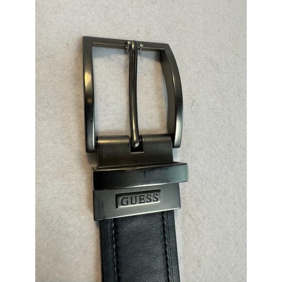 Guess Reversible Belt Black Brown Mens Sz L 38-40 Faux Leather Silver Buckle‎ - Picture 5 of 8